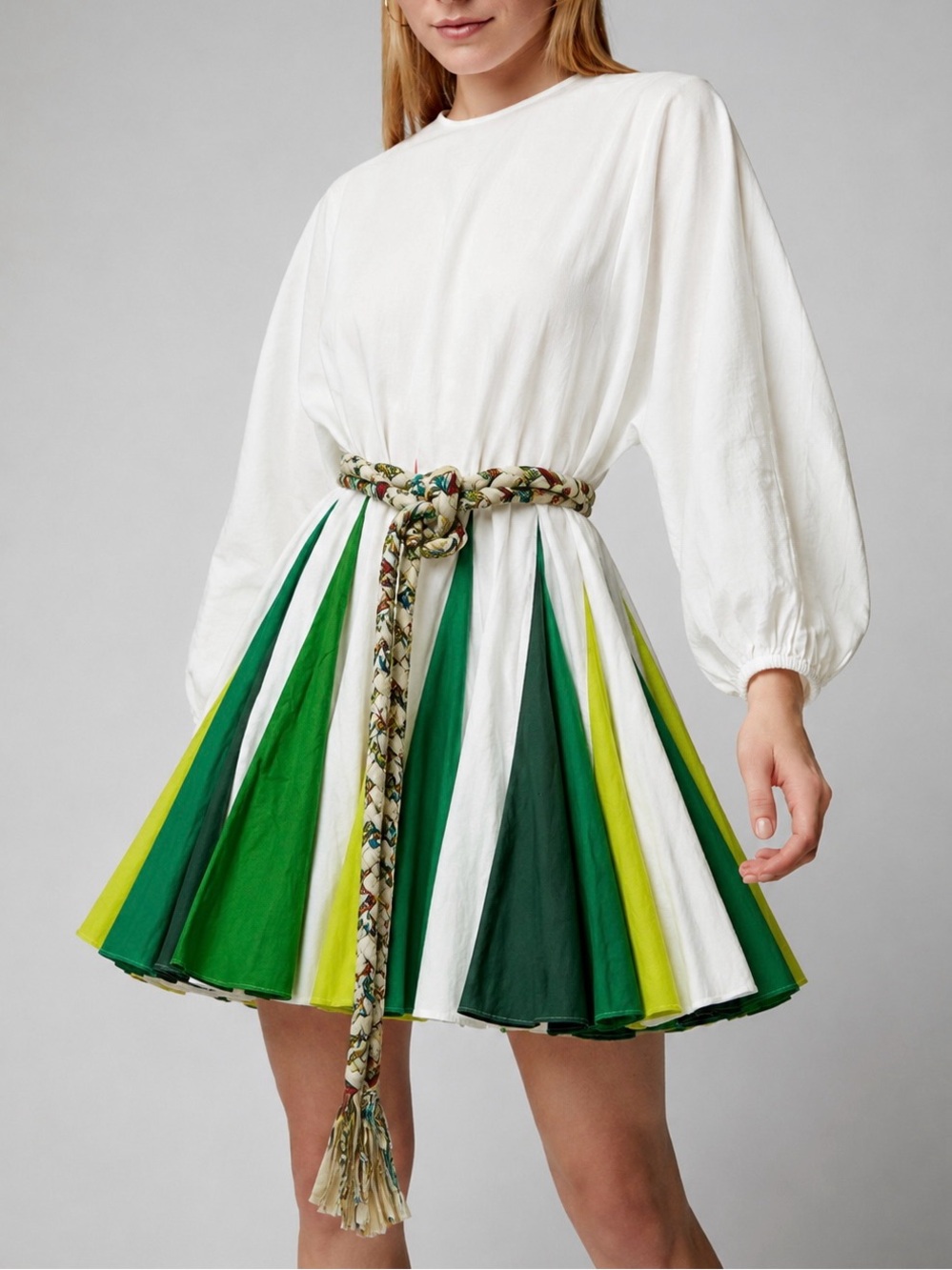 RHODE Ella Mini Dress Green, White & Yellow Color Block 100% Cotton